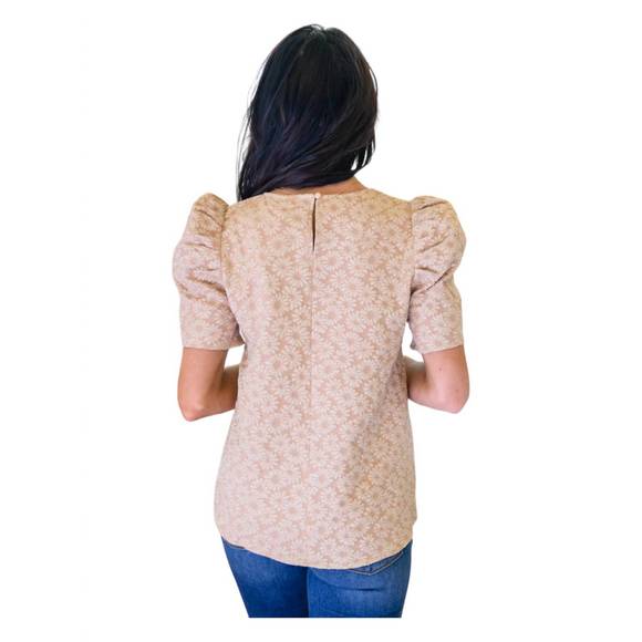 NEW MITTOSHOP kelsi jacquard puff sleeve top in tan - Picture 3 of 3